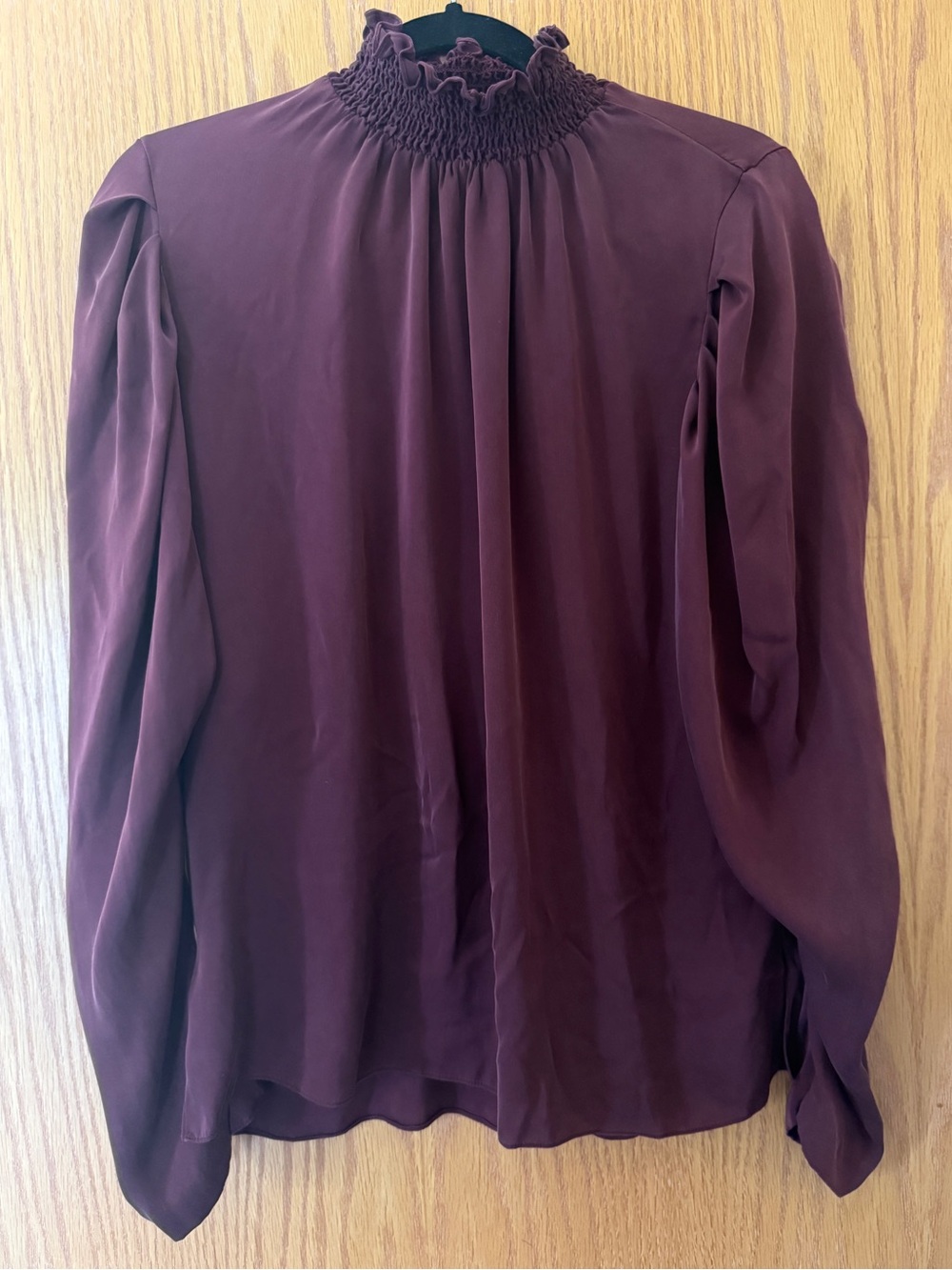 Smocked Neck Long Balloon Sleeve Blouse in Deep Burgundy